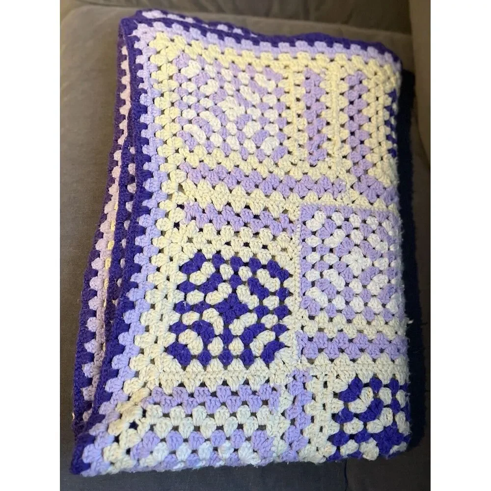 Vtg Purple White Crochet Handmade Afghan Throw Blanket Granny Square Style 48x64